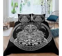Viking Warrior Sword Helmet Duvet Cover Sets Bedding Set Single Size - 135x200cm Odin Raven Celtic Knot Rune Soft Anti Allergic Duvet Set, Easy Care and Breathable Microfiber Covers With 2 Pillowcase