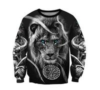 Viking Warrior Tattoo Hoodie for Men, Vintage Sweatshirt Nordic Mythology Print Oversized Jacket,Lion Vegvisir Sweatshirt,XXL