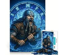 Viking Warrior with Axe Stained Glass Jigsaw Puzzles 1000 Mental Focus Game Precision Cut Smooth Edges Meaningful Connection Building Game (38x26cm)