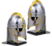 Viking Wolf Armor Helmet Silver Finish | Medieval Metal Knight Helmets | Wearable Costumes Chain mail W/Wood Stand Helmet