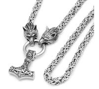 Viking Wolf Head Thor’s Hammer Pendant Necklace - Stainless Steel Norse Amulet Jewelry for Men, Nickel-Free, Gift Box Included, 18.5 Inches, Stainless Steel, No Gemstone