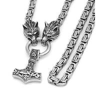 Viking Wolf Head Thor’s Hammer Pendant Necklace - Stainless Steel Norse Amulet Jewelry for Men, Nickel-Free, Gift Box Included, 71.12 cm, Stainless Steel, No Gemstone