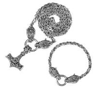 Viking Wolf Head Thor’s Hammer Pendant Necklace - Stainless Steel Norse Amulet Jewelry for Men, Nickel-Free, Gift Box Included, 71.12 cm, Stainless Steel, No Gemstone