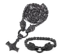 Viking Wolf Head Thor’s Hammer Pendant Necklace - Stainless Steel Norse Amulet Jewelry for Men, Nickel-Free, Gift Box Included, 71.12 cm, Stainless Steel, No Gemstone