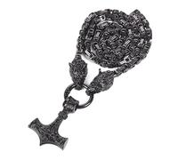 Viking Wolf Head Thor’s Hammer Pendant Necklace - Stainless Steel Norse Amulet Jewelry for Men, Nickel-Free, Gift Box Included, 18.5 Inches, Stainless Steel, No Gemstone