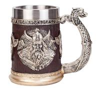 Viking Wooden Barrel Mug Tankard Creative Odin Hand-painted Resin Beer Stein 304 SS Liner Wine Goblet Coffee Mug Gift Home Decor Capacity 16.91 OZ (Gold)