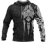 Viking Zip Up Hoodies Nordic Raven And Wolf Hoodies Vintage Viking Hoodies Sweatshirt For Men Athletic Hoodies (Color : Wolf, Size : L)