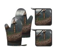 Vikings Boat Print Heat Resistant Gloves Pads Reusable Kitchen Set Oven Baking Grilling Cooking
