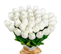 VIKINGS PANDA 36 PCS White Tulips Artificial Flowers 13" PU Fake Flowers for Wedding Home Decor (White)