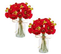 VIKINGS PANDA Ranunculus Artificial Flowers with Vase, 2 Pack - 8 Pcs Faux Silk Ranunculus Flower in Vase, Small Flowers Arrangements for Home Decor Indoor, Table Centerpiece (Red)