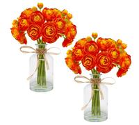VIKINGS PANDA Ranunculus Artificial Flowers with Vase, 2 Pack - 8 Pcs Faux Silk Ranunculus Flower in Vase, Small Flowers Arrangements for Home Decor Indoor, Table Centerpiece (Orange)