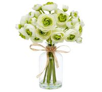 VIKINGS PANDA Ranunculus Artificial Flowers with Vase, 8 Pcs Faux Silk Ranunculus Flower in Vase, Small Flower Arrangements for Home Decor Indoor, Table Centerpiece (White and Green)