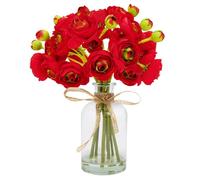 VIKINGS PANDA Ranunculus Artificial Flowers with Vase, 8 Pcs Faux Silk Ranunculus Flower in Vase, Small Flower Arrangements for Home Decor Indoor, Table Centerpiece (Red)