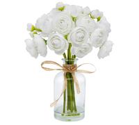 VIKINGS PANDA Ranunculus Artificial Flowers with Vase, 8 Pcs Faux Silk Ranunculus Flower in Vase, Small Flower Arrangements for Home Decor Indoor, Table Centerpiece (White)
