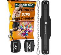 Vikingstrength Dip Belt for Weight Lifting Including Wrist Wraps. Premium Padded Dips Belt with Long Chain for Pullups Triceps Weighted belt for Workout Powerlifting + V-Strength Workout App