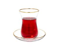 Vikko Clear Glass Turkish Tea Cups, 5.5 Oz, 6 Cups and Saucers, Gold Accented, Dishwasher Safe, 12 Items