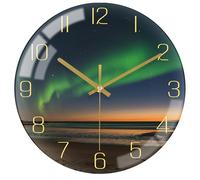 VIKMARI 10" Silent Glass Wall Clock, Green Gold Kitchen & Living Room Decor
