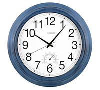 VIKMARI 12" Indigo Waterproof Outdoor Wall Clock Silent Thermometer