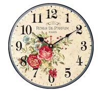 VIKMARI 14 Inch Wooden Wall Clock Vintage Parfum Roses Flowers Pattern Silent Non Ticking Art Hanging Clocks Battery Operated Decorative Indoor Wall Clocks
