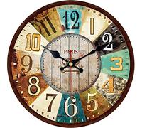 VIKMARI 30cm Wooden Wall Clock Vintage Wall Clock Kitchen Silent Quartz Non Ticking Decorative Vintage Colorful French for Bedroom Living Room Cafe Bar
