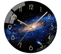 VIKMARI Black Arabic Numerial Wall Clock 12 Inch Silent Quality Quartz Battery Operated Wall Clocks- Round Glass Wall Clocks for Kitchen, Living Room, Dining Room and Bedroom - Night Sky Pattern