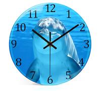 VIKMARI Coastal Nautical Glass Wall Clock Decorative Blue Ocean Dolphin Sea Beach Bathroom 8 Inch Clock Battery Operated Small Silent Analog Clock for Home Kitchen Office,Bedroom,Living Room