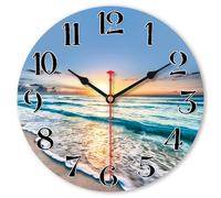 VIKMARI Sea Beach Wall Clock, Small 8 Inch Lovely Blue Clock, Unusual Silent Non Ticking Modern Wall Clock for Bathroom Living Room Kitchen Bedroom Office