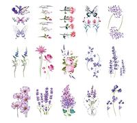 VIKSAUN 15 Sheets Flower Temporary Tattoo Sticker, Flowers Temporary Tattoos, Watercolor Purple Violet Lavender Temporary Tattoos, For Girl Kids Hand Face Ankle Neck Tatoos Stickers (15 Sheets)