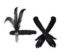 VIKSAUN 2 Pieces 1920s Flapper Accessories Set - Vintage Feather Headband, Black Long Gloves - Costume for Prom, Wedding, Carnival Party - 20s Hair Accessories