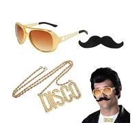 VIKSAUN 3 Pcs Hip Hop Costume Kit, 80s 90s Hippie Costume Cool Rapper Outfits Accessories, Sunglasses Disco Necklace Fake Mustache, for Women Men Rapper Fancy Dress Carnival Accessories (3 Pcs)