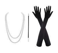 VIKSAUN 3 Pieces 1920 Accessories Set, Pearl Necklace, Black Holder, Long Gloves, Ladies Charleston Fancy Dress, Great Gatsby Accessories, Vintage Fancy Dress for Women