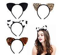 VIKSAUN 4 Pcs Soft Fabric Headband Set, Alice Cat Ears, Leopard Print, Cow, Tiger Stripes Hair Hoops for Cosplay, Anime, Holiday Events, Fancy Dress, Dance Recitals,Mardi Gras Halloween (4 Pcs)