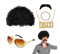 VIKSAUN 5 Pcs Disco Hippie Costume, Funky Afro Wig, Hippie Wig, Hippy Fancy Dress Men, HIppie Accessories, for 60s 70s 80s Fancy Dress Costume Disco Themed Party (5 Pcs)