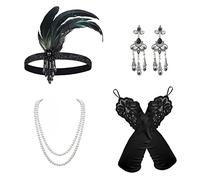 VIKSAUN 5 Pieces 1920 Accessories Set, 1920s Flapper Great Gatsby Accessories, Fashion Roaring 20's Theme Set, Flapper Headband, Headpiece Long Black Gloves Necklace Earrings for Women (5 Pieces)