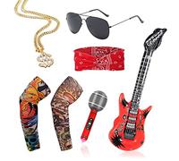 VIKSAUN 7 Pcs Rocker Fancy Dress Accessories, 70s 80s 90s Punk Gothic Rocker Kit, Retro Sunglasses Gloves Bandana Fake Tattoo Sleeves Necklace Inflatable Guitar for Halloween Disco Party (7 Pcs)