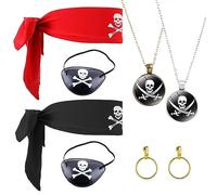 VIKSAUN 8 Pieces Captain Pirate Costume Accessories Set Red Head Bandana Pirate Head Scarf Eye Patches Skull Crossbones Outfit Head Scarf Necklace for Pirate Party Halloween Supplies (8 pcs)