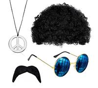 VIKSAUN Hippie Costume Set, Funky Afro Wig, Sunglasses, Moustache and Peace Sign Necklace, for 50/60/70s Theme Party, Mens & Womens Pop Hippie 70s Disco Fever Hair, Wig Costume Accessory (4 Psc)