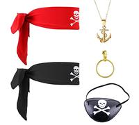 VIKSAUN Pirate Costume Accessories Set - 5 Pieces, Eye Patches, Hoop Earrings, Head Scarf, Vintage Necklace, Captain Dress Up Set for Halloween and Pirate Party