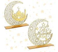 Viksio 2 Pieces Wood Eid Mubarak Decorations, Ramadan Decorations for Home Eid Mubarak Kareem Table Sign, Gold Moon Ramadan Decor for Eid Gifts Muslim Islamic Party Table Decor Home Craft Decoration