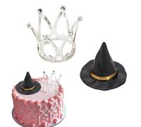 Vikye Witch Hat and Crown Cake Toppers, 24 Pcs Mini PVC Wizard Hats with Zinc Alloy Princess Crowns, for Gothic Birthday Party and DIY Crafts (Silver)