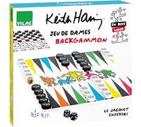 Vilac - Keith Haring Checkers/Backgammon Game, Children's educational toy Multicoloured, Board Game, Family Game, Wooden Toy, Children's