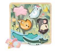 Vilac Touch and Feel Wooden Shape Puzzle, Includes 5 Animal Puzzle Pieces and 1 Puzzle Board, Montessori Game, Jungle Theme Illustrated by Graphic Designer Michelle Carlslund, 18 Months+