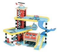 Vilac Wooden Pretend Play Grand Garage, Includes 2 Cars 1 Helicopter and Traffic Signs, Wood and Bright Design, 3 Years+