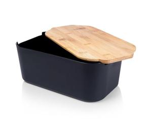 Vilde Bread Bin with Wooden Board | Bread Basket, Box, Container, Black, 33 x 18.5 x 12 cm