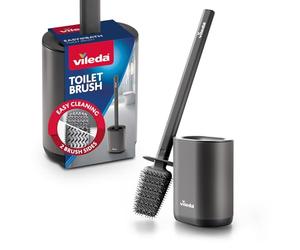 Vileda Silicone Toilet Brush with Flex Head and Stainless Steel Handle - 2-in-1 Cleaning Zones - Hygienic Quick-Drying Odour-Proof Rustproof Toilet Brush and Holder Set, Grey