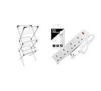 Vileda Sprint 3-Tier Clothes Airer, Indoor Clothes Drying Rack with 15 m Washing Line, Silver & Heavy Duty Extension Lead UK Pin Plug and Cable, 4 Gang Way 2m Power Adapter