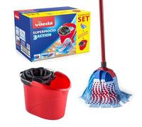 Vileda SuperMocio 3Action Mop and Bucket Set, Mop for Cleaning Floors, Set of 1x Mop and 1x Bucket, Red/Grey/Blue