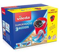 Vileda SuperMocio Box, Floor Mop System, Set With Wringer, 2 Microfibre & Power Flakes, 1 3Action Bow, 3 Piece Handle, Red