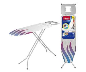 Vileda Total Reflect Ironing Board Medium with Heat Reflective Cover, XL Steam Iron Rest, 120 x 38 cm Ironing Table with Adjustable Height 75-96cm, Kid Safe Pull and Lift Closing and Hanger Hooks