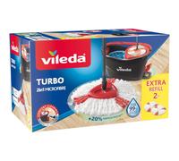 Vileda Turbo Microfibre Mop and Bucket Set with Extra 2-in-1 Head Replacement, Spin Mop for Cleaning Floors, Set of 1x Mop, 1x Bucket and 1x Refill